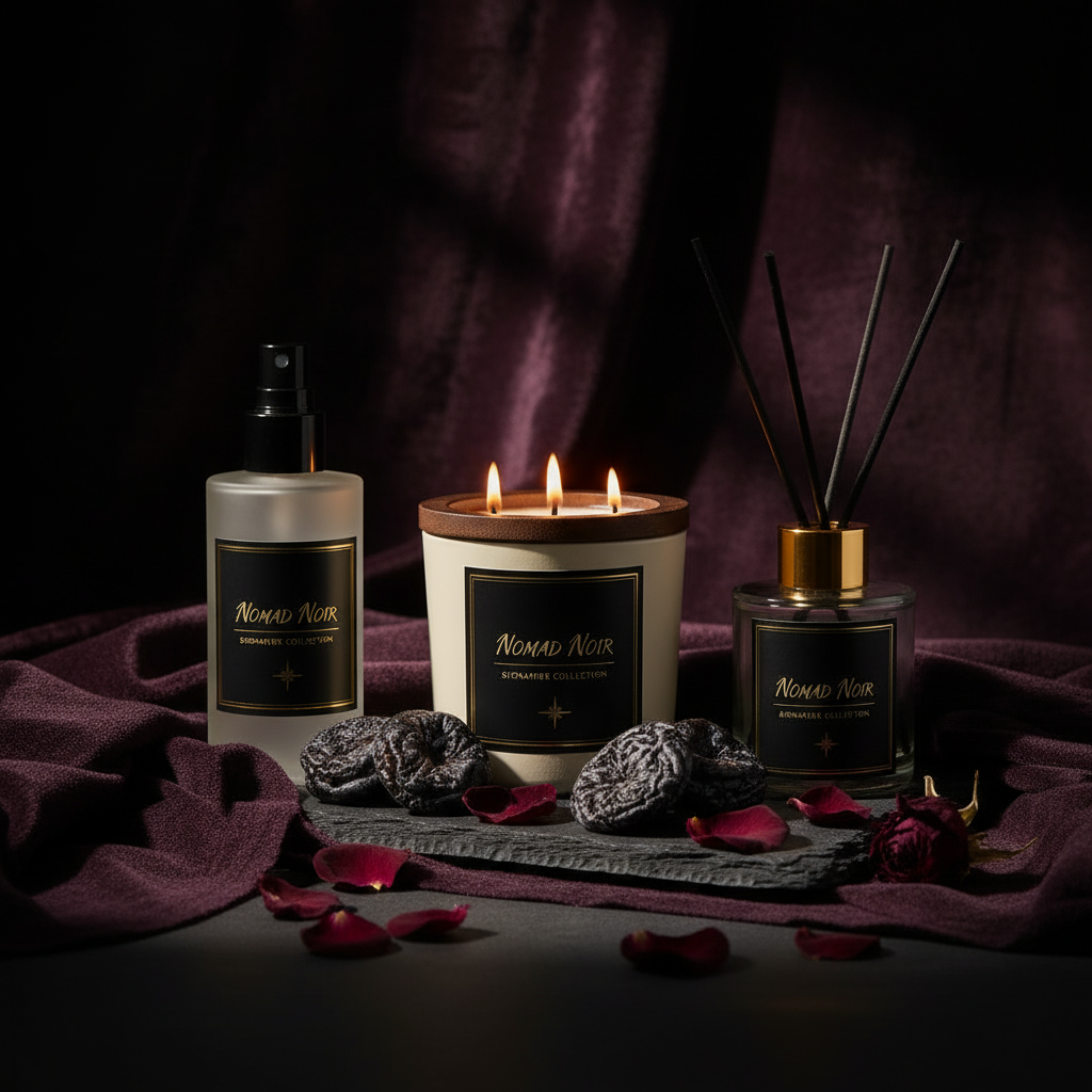 Nomad Noir Plum Cashmere candle on dark velvet