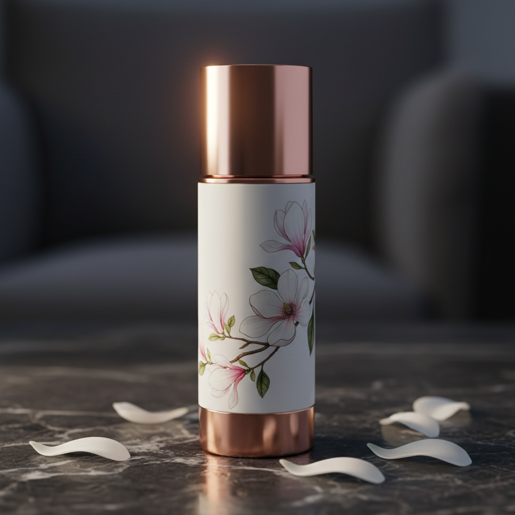 White rose gold perfume bottle on dark marble with magnolia petals