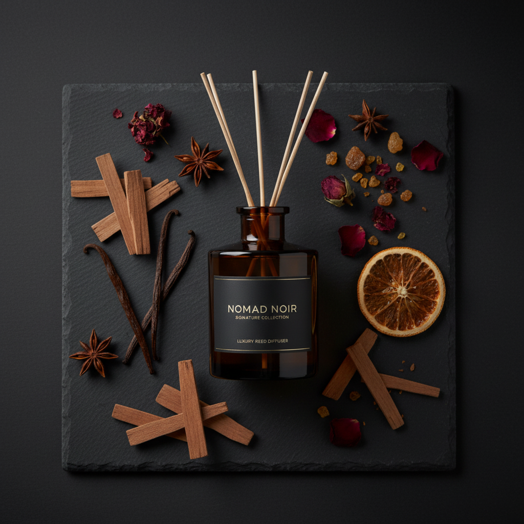 Nomad Noir reed diffuser flat lay on dark slate