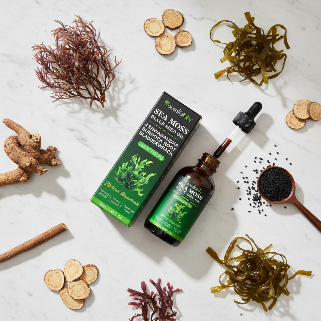Sea Moss Black Seed Oil lifestyle flat lay with botanicals