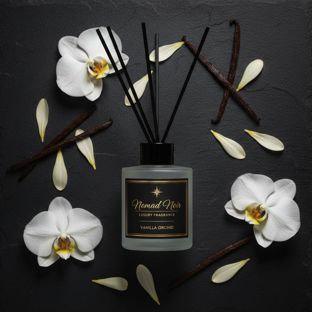 Vanilla Orchid – Nomad Noir Reed Diffuser Flatlay