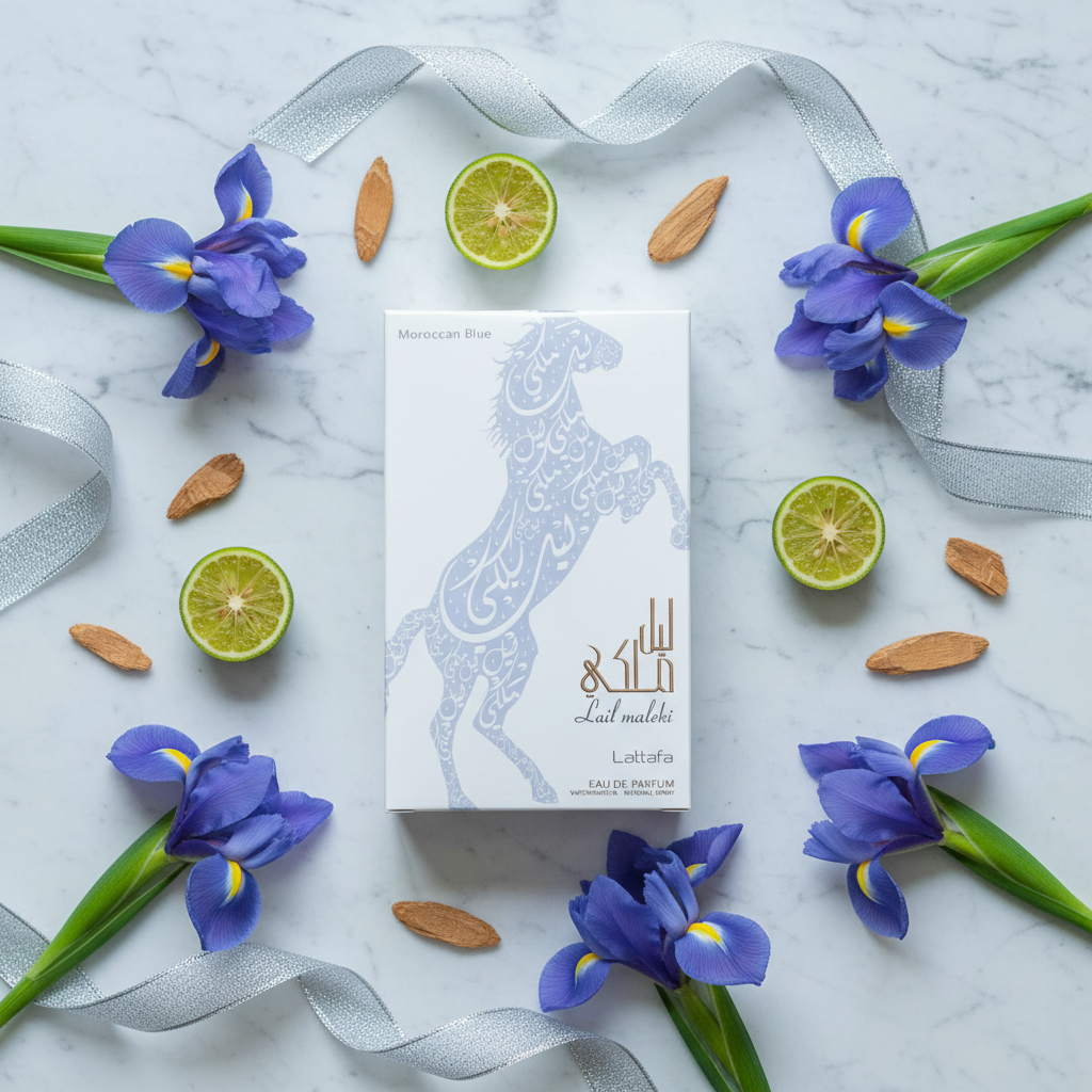 Lail Maleki lifestyle flat lay with iris and bergamot
