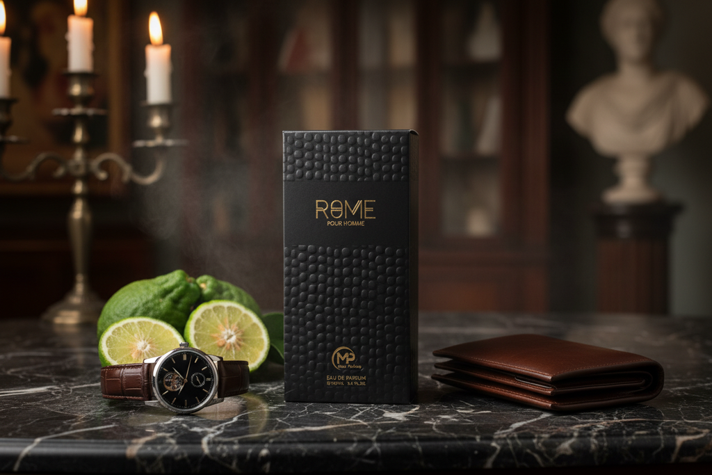 Rome Pour Homme Roman gentleman lifestyle shot with watch and leather