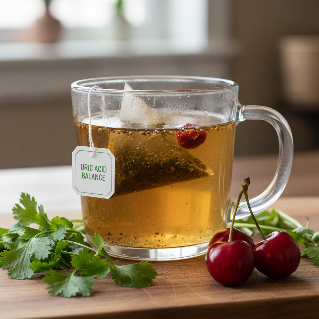 Uric acid balance herbal tea steeping in clear glass