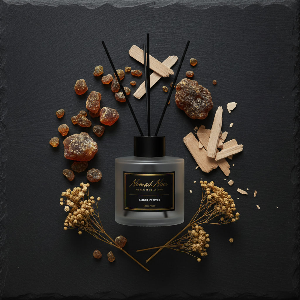 Amber Vetiver – Nomad Noir Reed Diffuser Flatlay