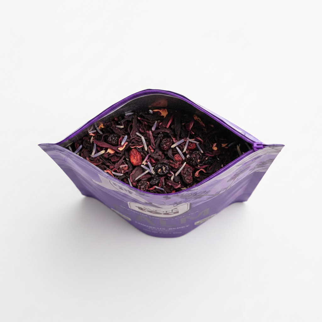 CALM tea pouch open showing loose leaf tea