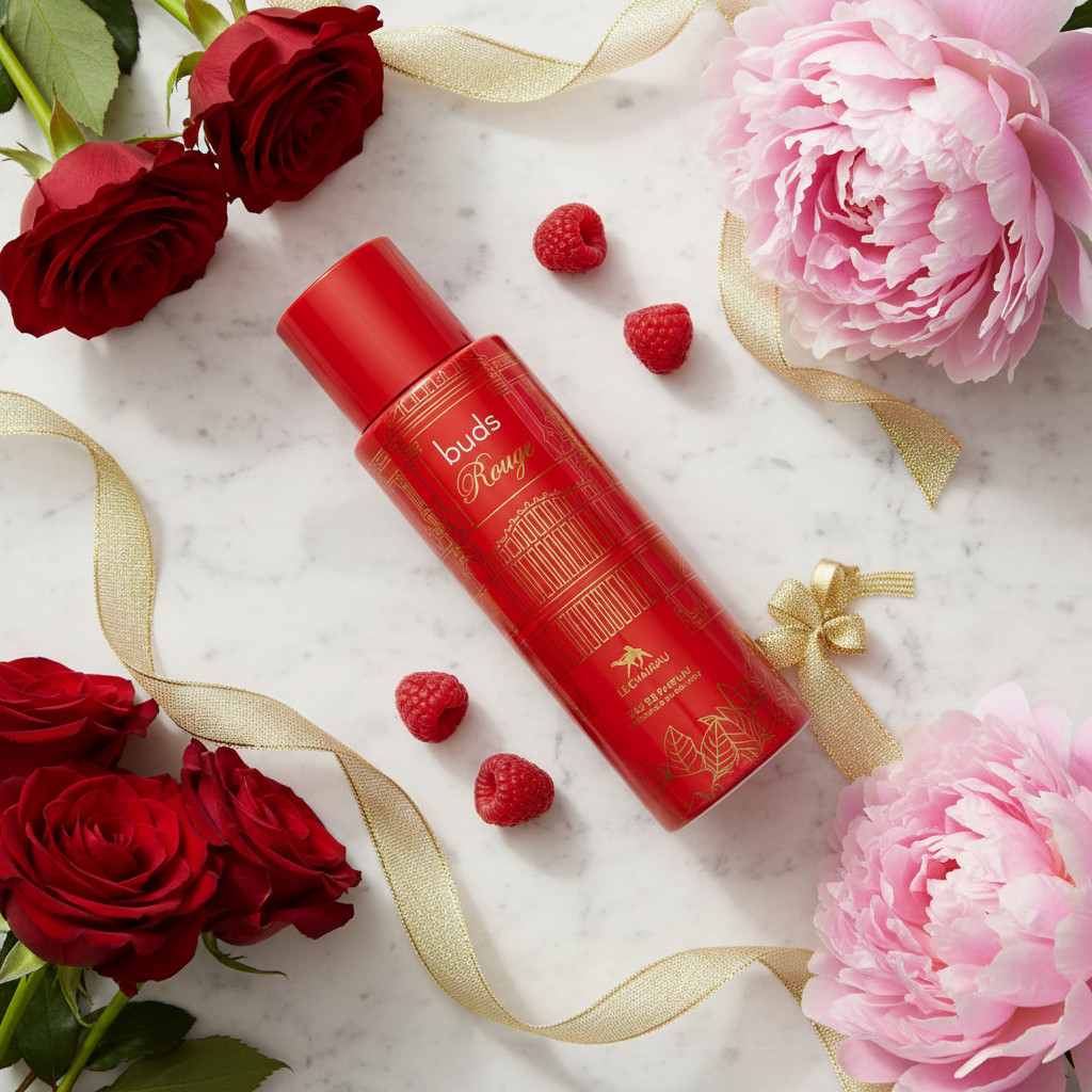 Rouge lifestyle flat lay with red roses and raspberries