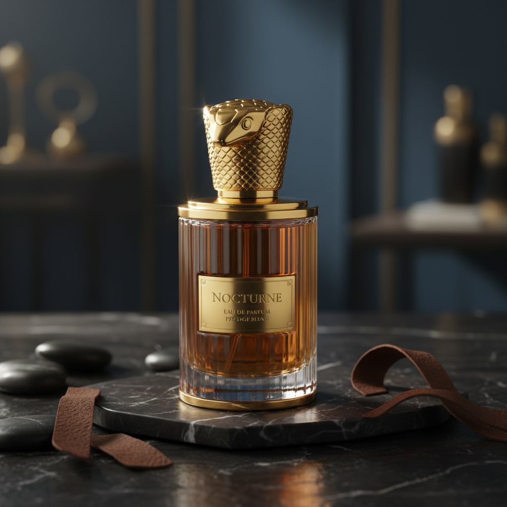 Luxury gold EDP bottle on dark marble