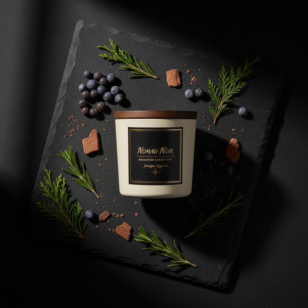 Juniper Cypress candle flat lay on dark slate