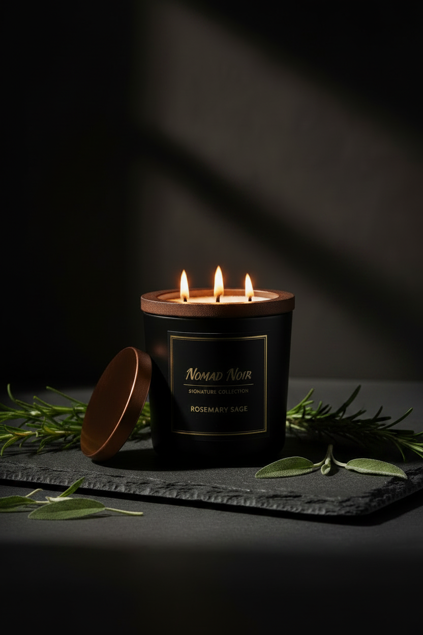 Rosemary Sage – Nomad Noir Black Jar Candle Lit