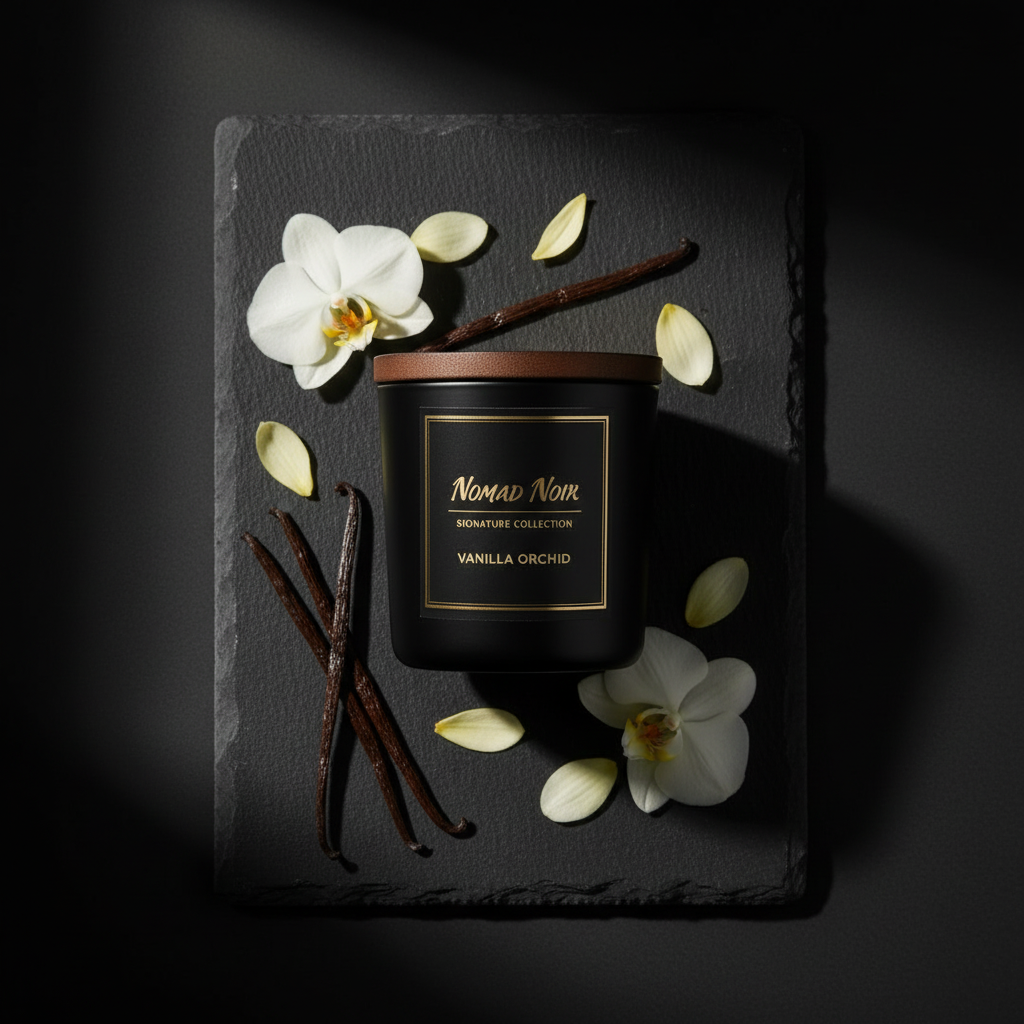 Vanilla Orchid – Nomad Noir Black Jar Candle Flatlay