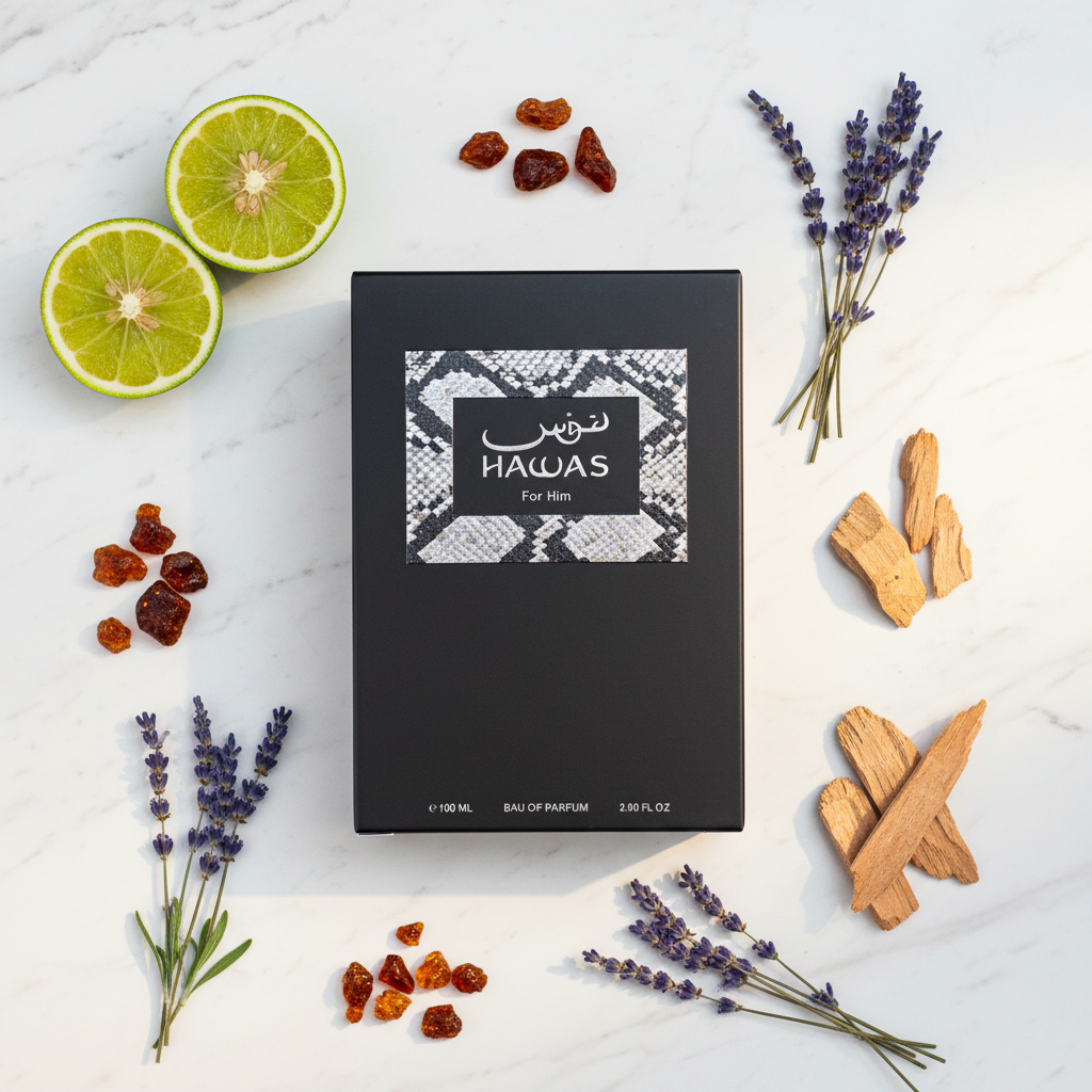 Hawas For Him lifestyle flat lay with bergamot and lavender