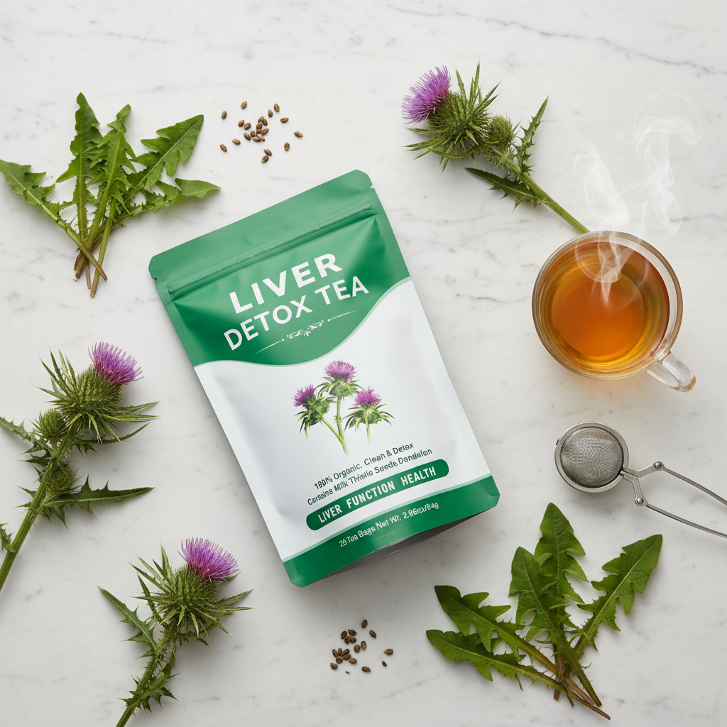 Liver Detox Tea lifestyle flat lay with milk thistle and dandelion