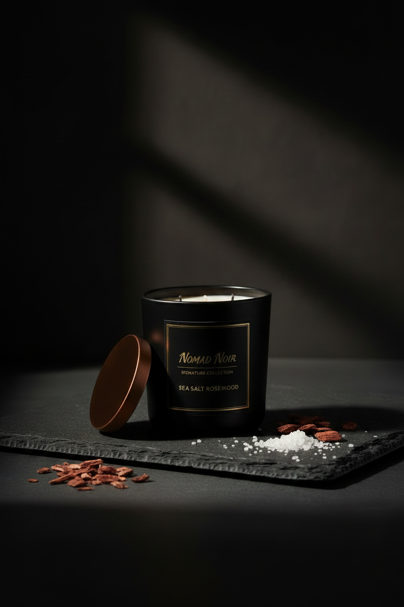 Sea Salt Rosewood – Nomad Noir Black Jar Candle Angle