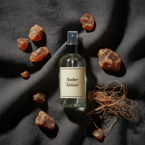 Amber Vetiver Room Spray – Flat Lay with Amber Stones