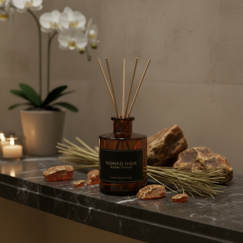 Amber Vetiver Reed Diffuser – Lifestyle on Dark Stone