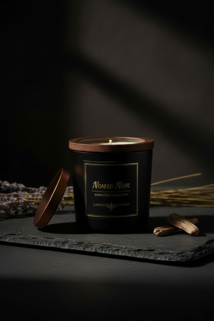 Lavender Driftwood – Nomad Noir Black Jar Candle Angle