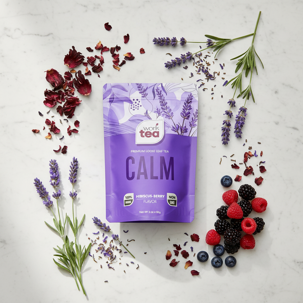 CALM tea lifestyle flat lay with lavender and hibiscus
