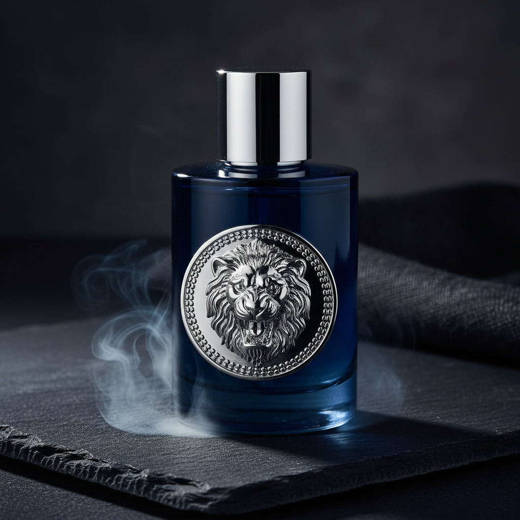 Navy blue EDP bottle with lion medallion on dark slate