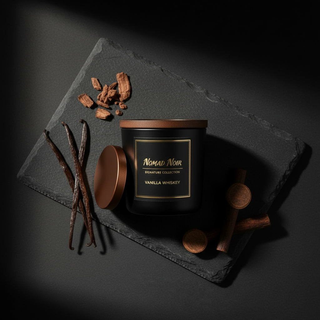 Vanilla Whiskey – Nomad Noir Black Jar Candle Flatlay