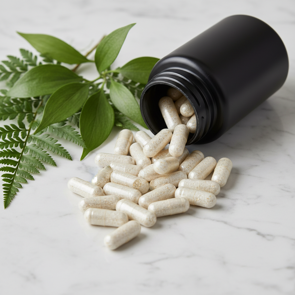 Dietary supplement capsules close-up on marble surface