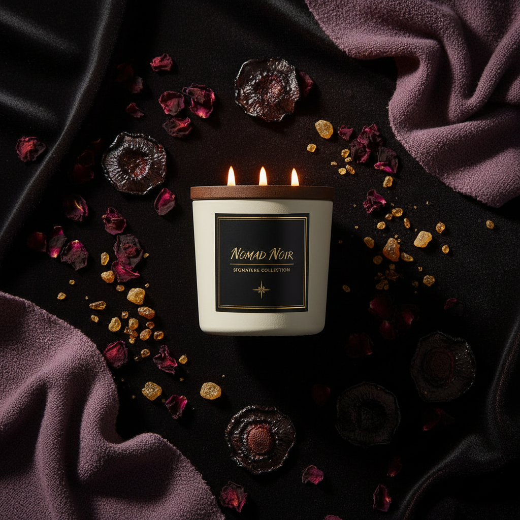 Plum Cashmere candle flat lay on dark velvet