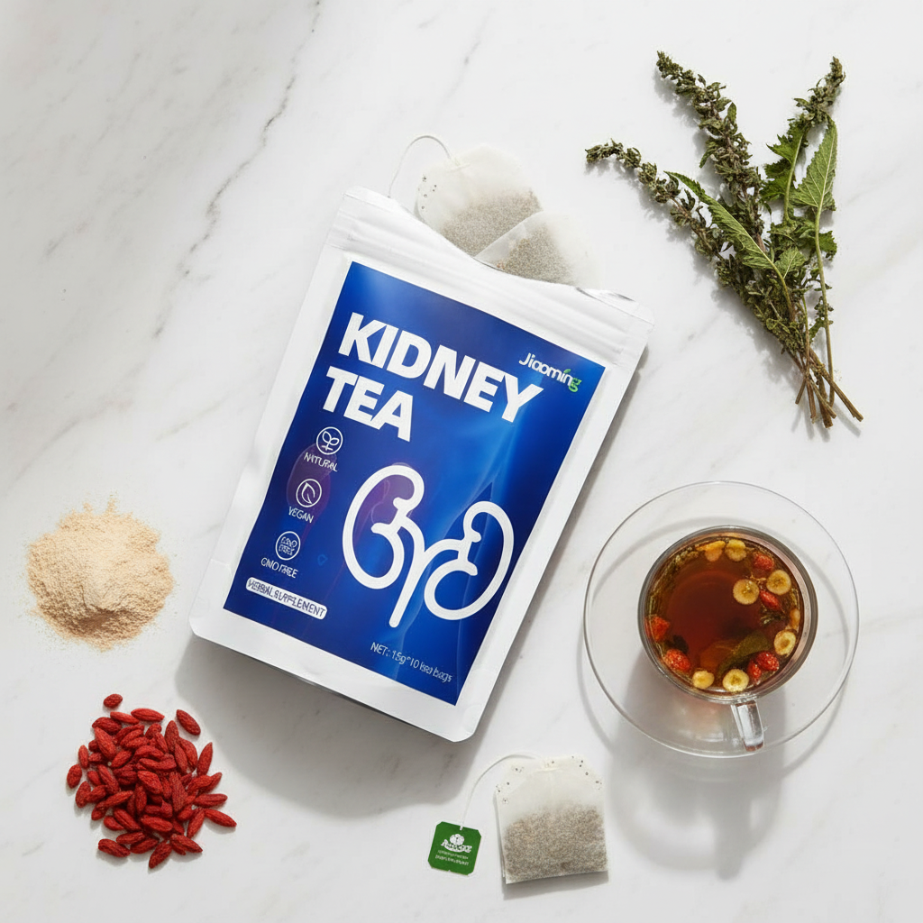 Kidney Tea lifestyle flat lay with goji berries and herbs