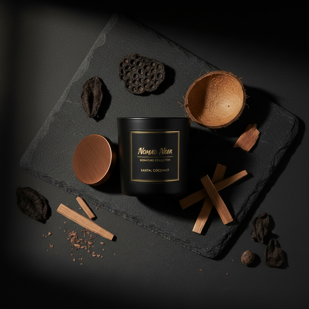 Santal Coconut – Nomad Noir Black Jar Candle Flatlay