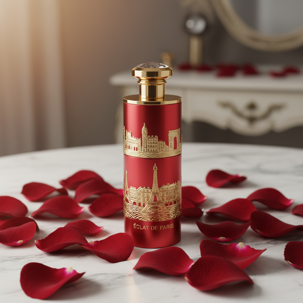 Red gold perfume bottle close-up with rose petals