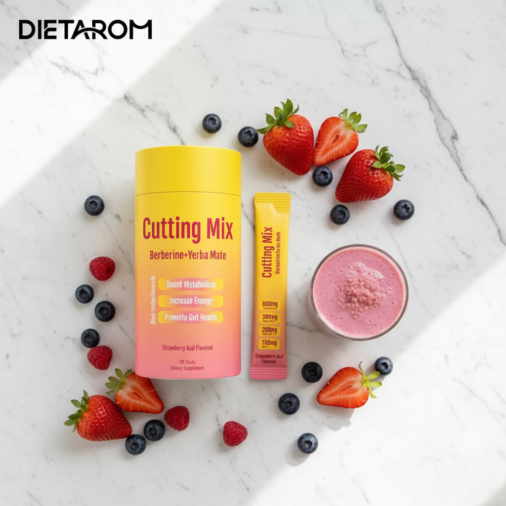 Cutting Mix lifestyle flat lay with berries and pink smoothie