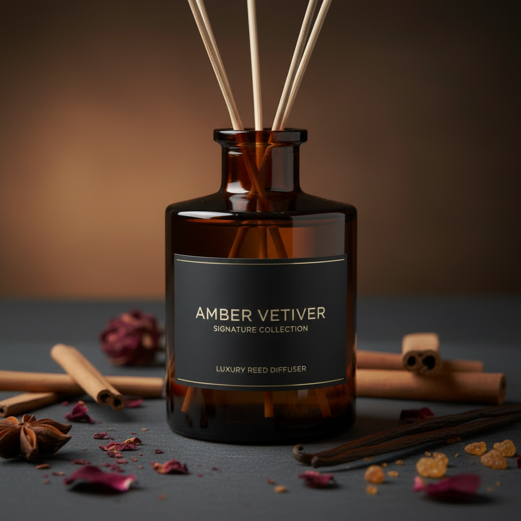 Amber Vetiver Reed Diffuser – Label Close-Up
