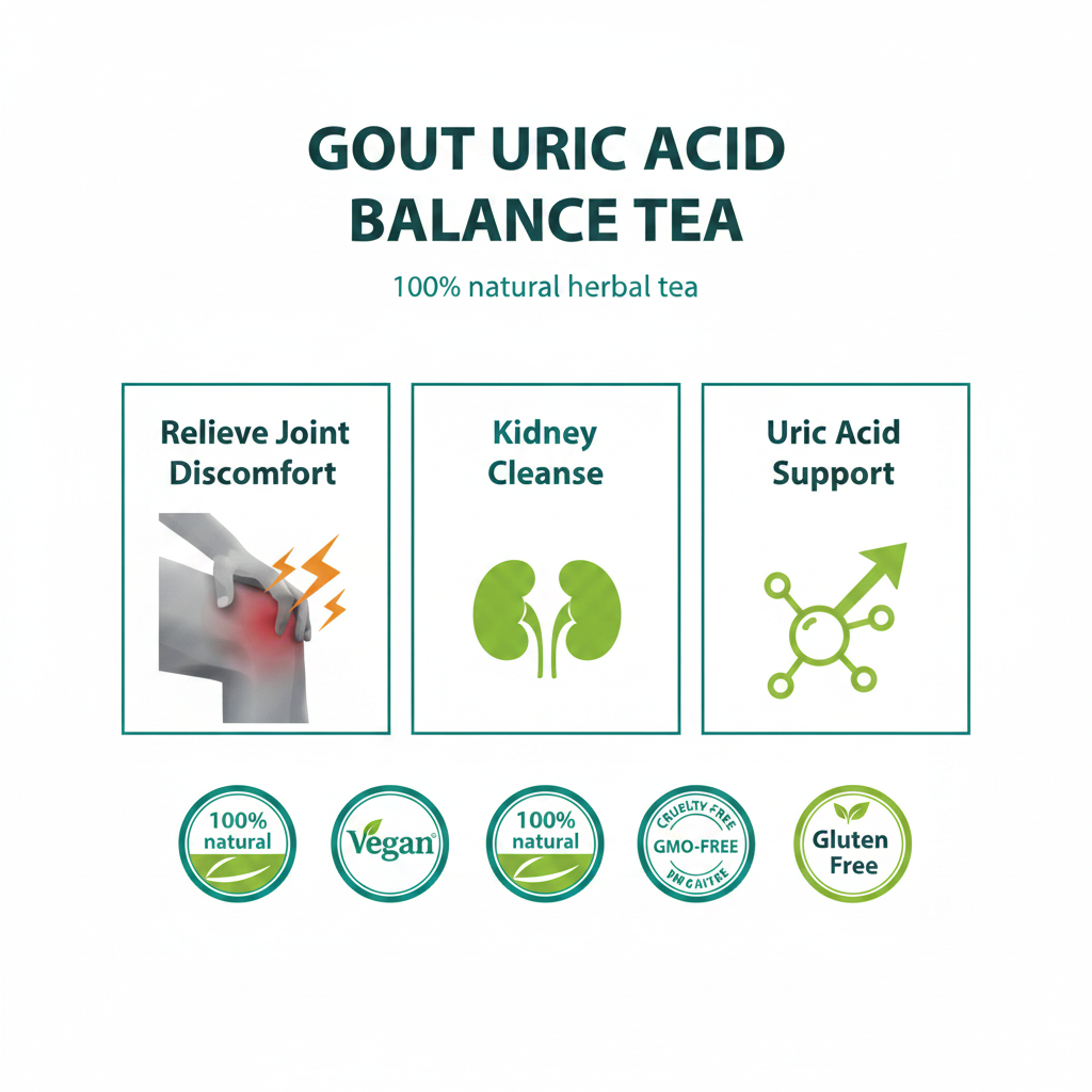 Gout tea benefits infographic with organic vegan GMO-free badges