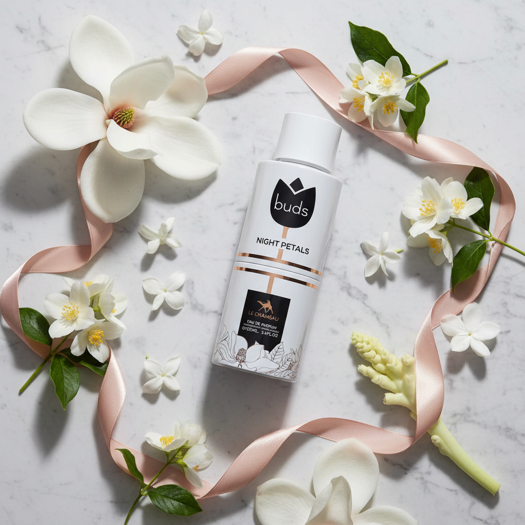 Night Petals lifestyle flat lay with magnolia and jasmine
