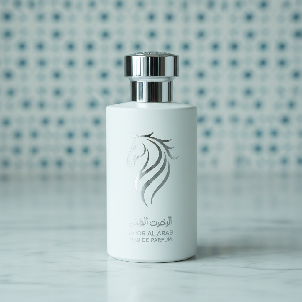 White silver EDP bottle on marble with cool blue lighting