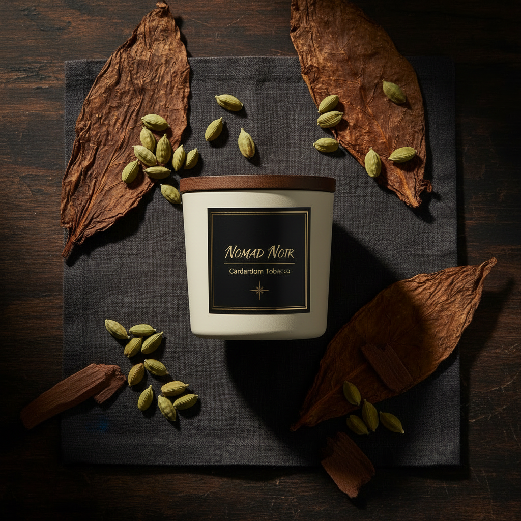 Cardamom Tobacco Candle – Flat Lay with Cardamom & Tobacco