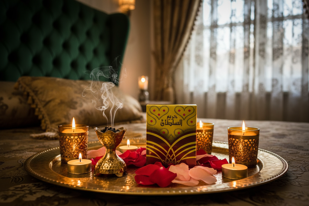 Hareem Al Sultan luxury lifestyle shot with gold tray and rose petals