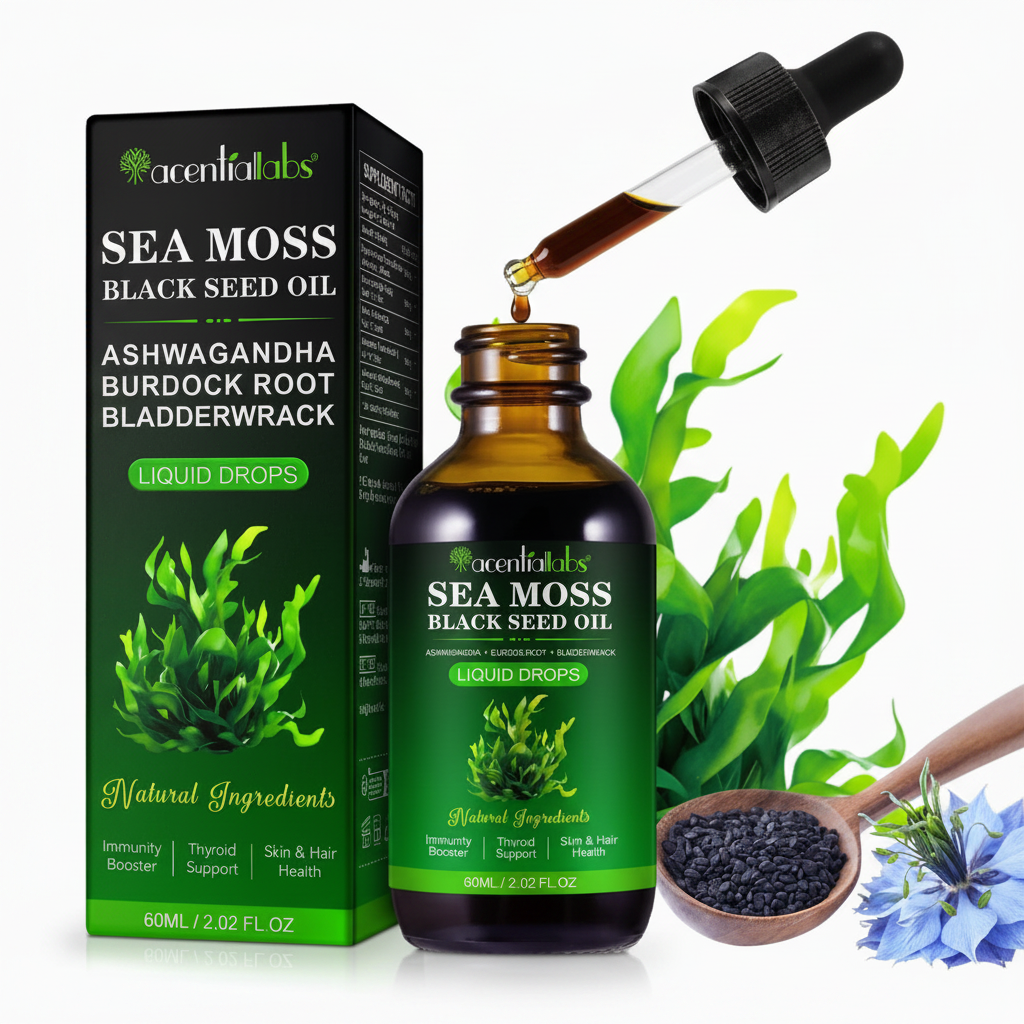 Sea Moss Black Seed Oil packaging studio shot
