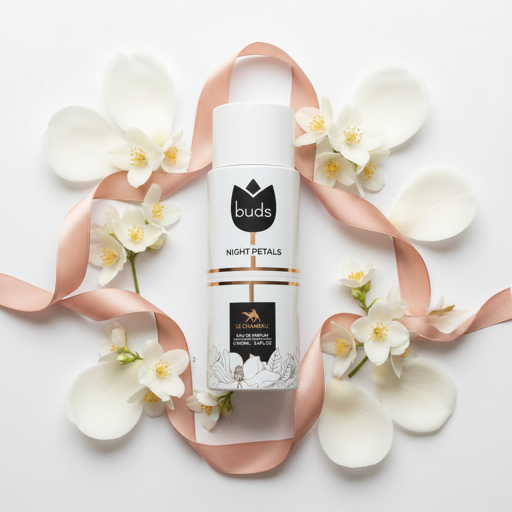Night Petals top-down flat lay with white magnolia petals
