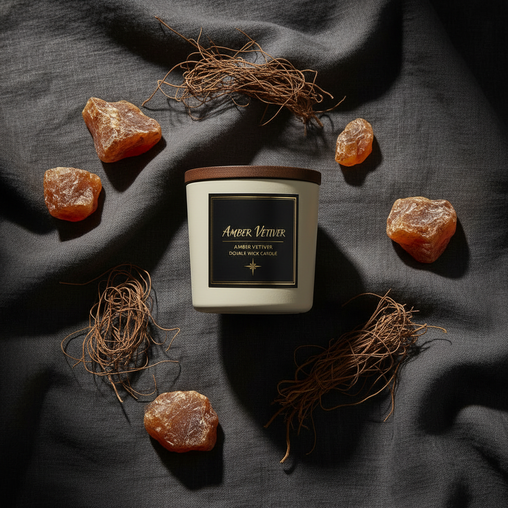 Amber Vetiver Candle – Flat Lay with Amber Stones