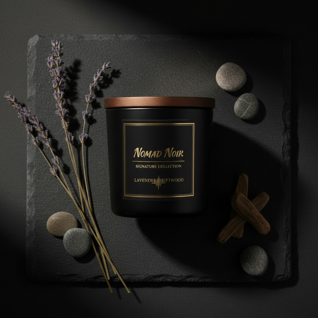 Lavender Driftwood – Nomad Noir Black Jar Candle Flatlay