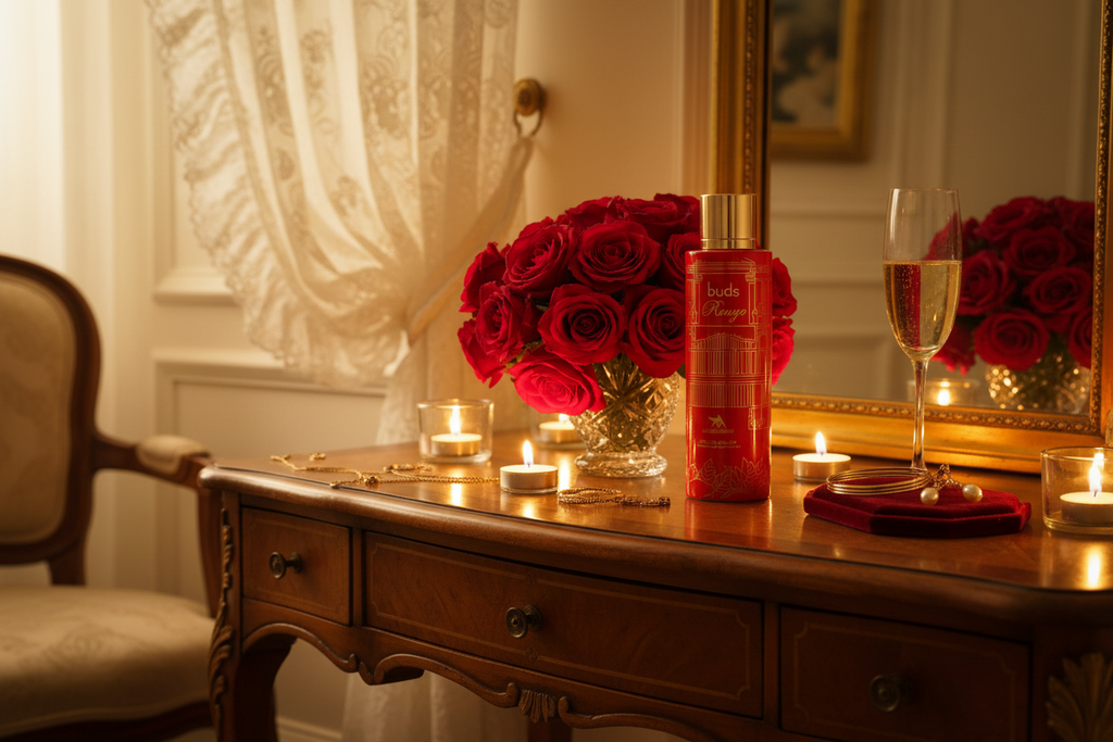 Rouge Parisian vanity lifestyle shot with roses and champagne