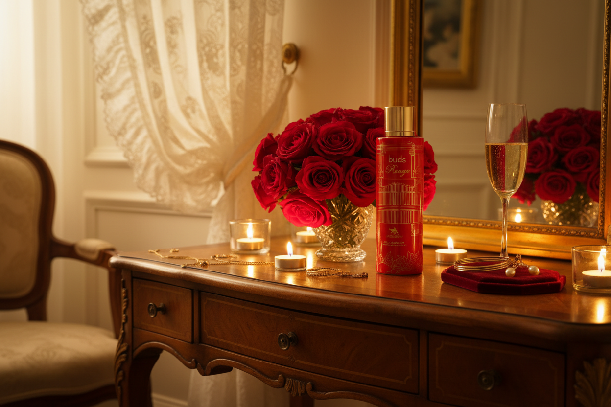 Rouge Parisian vanity lifestyle shot with roses and champagne