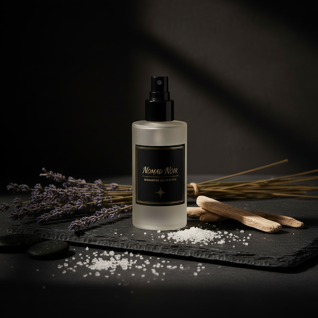 Lavender Driftwood room spray with lavender and driftwood on dark slate