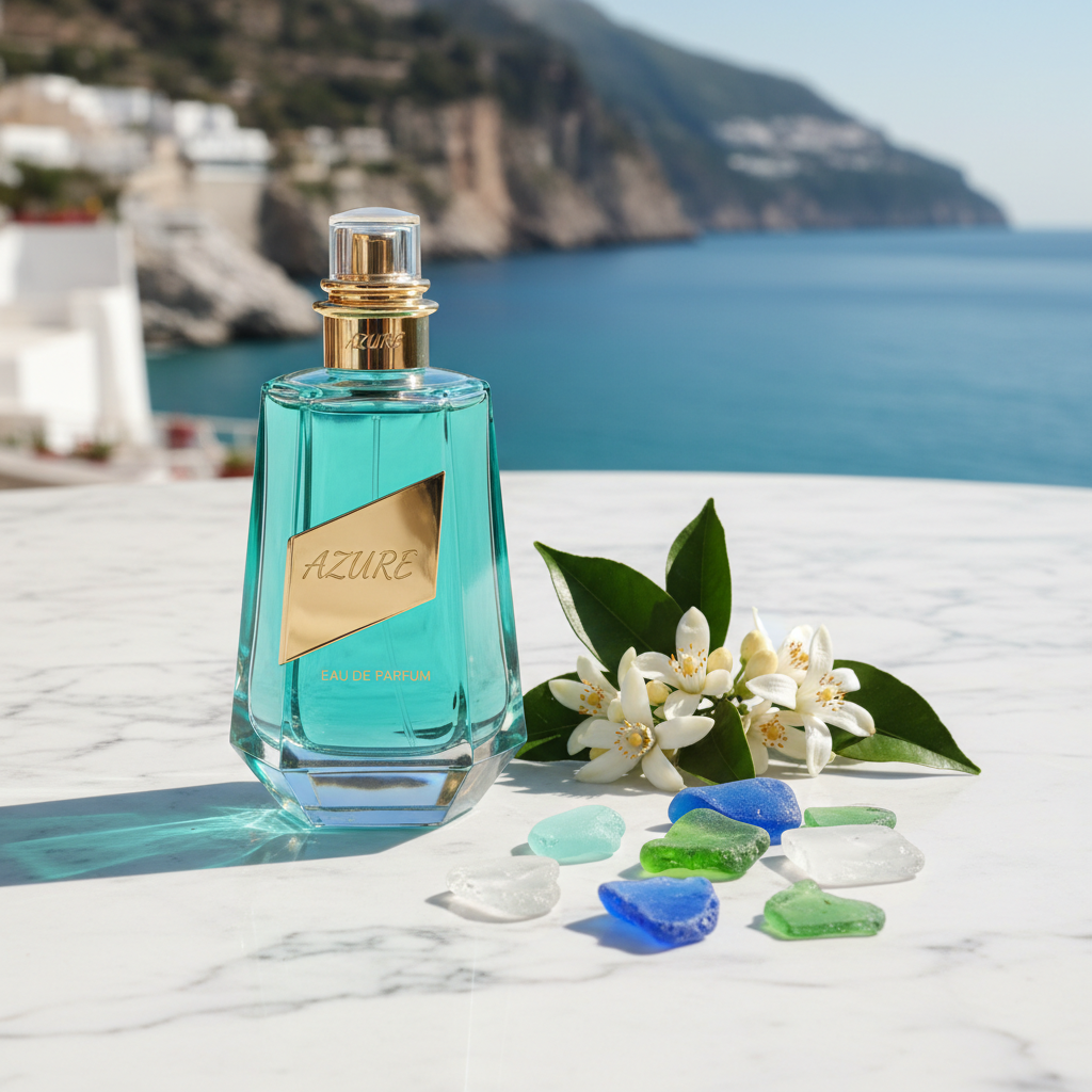Turquoise EDP bottle on marble with orange blossoms