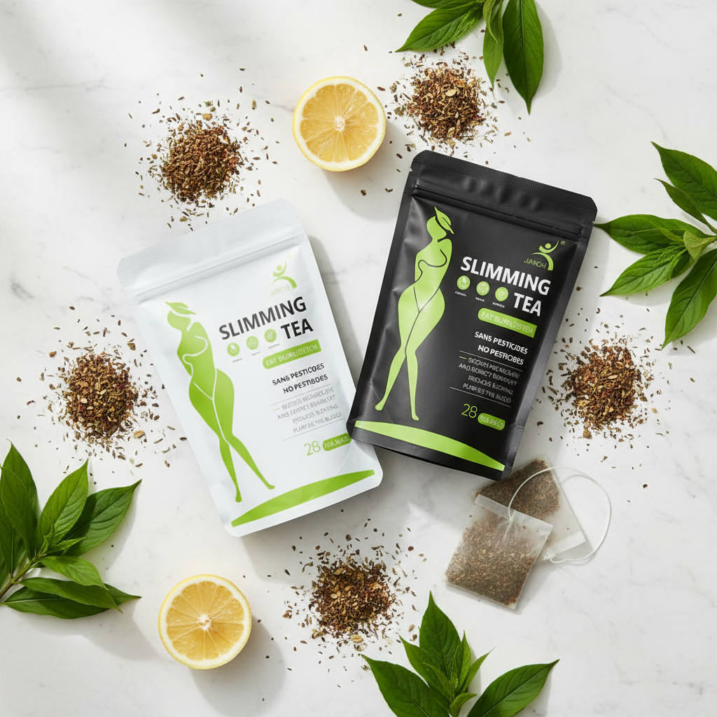 Slimming Tea lifestyle flat lay with green leaves and lemon
