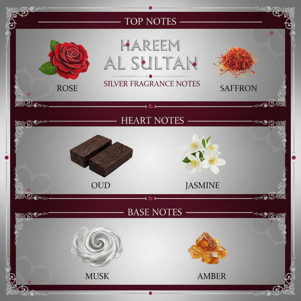 Hareem Al Sultan Silver fragrance notes infographic