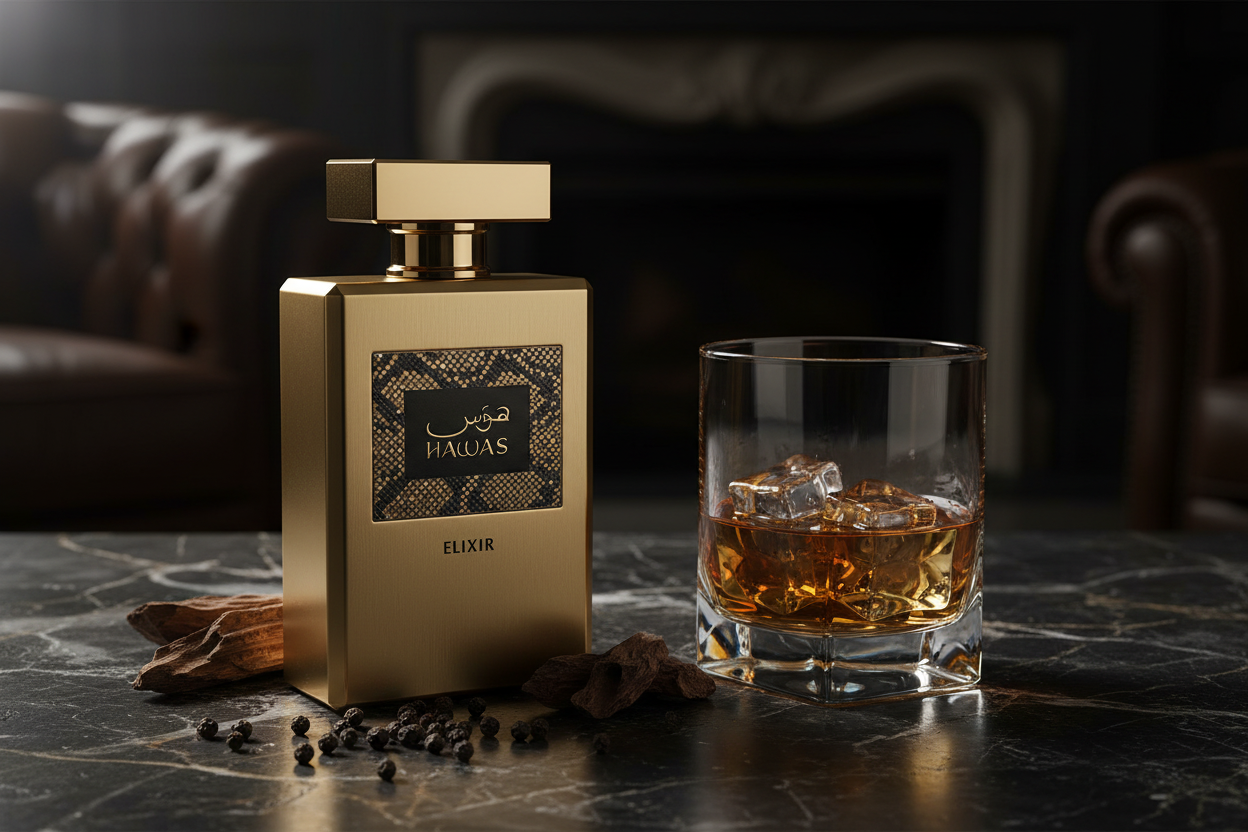 Hawas Elixir masculine lifestyle shot on dark marble