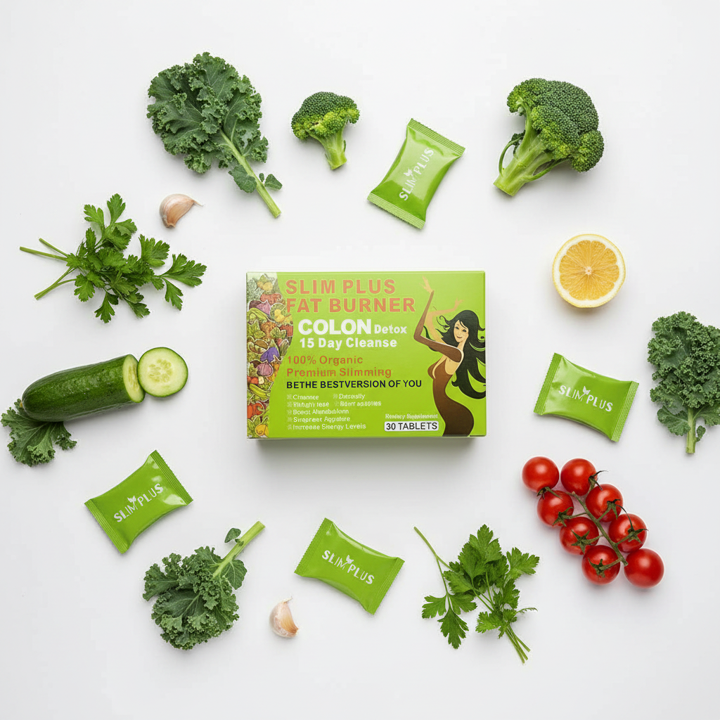 Slim Plus Fat Burner box top-down flat lay with tablets and vegetables