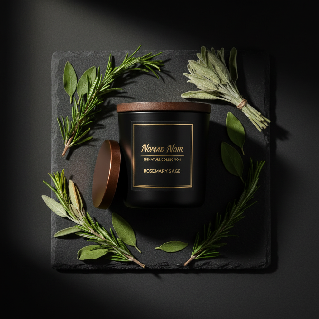 Rosemary Sage – Nomad Noir Black Jar Candle Flatlay