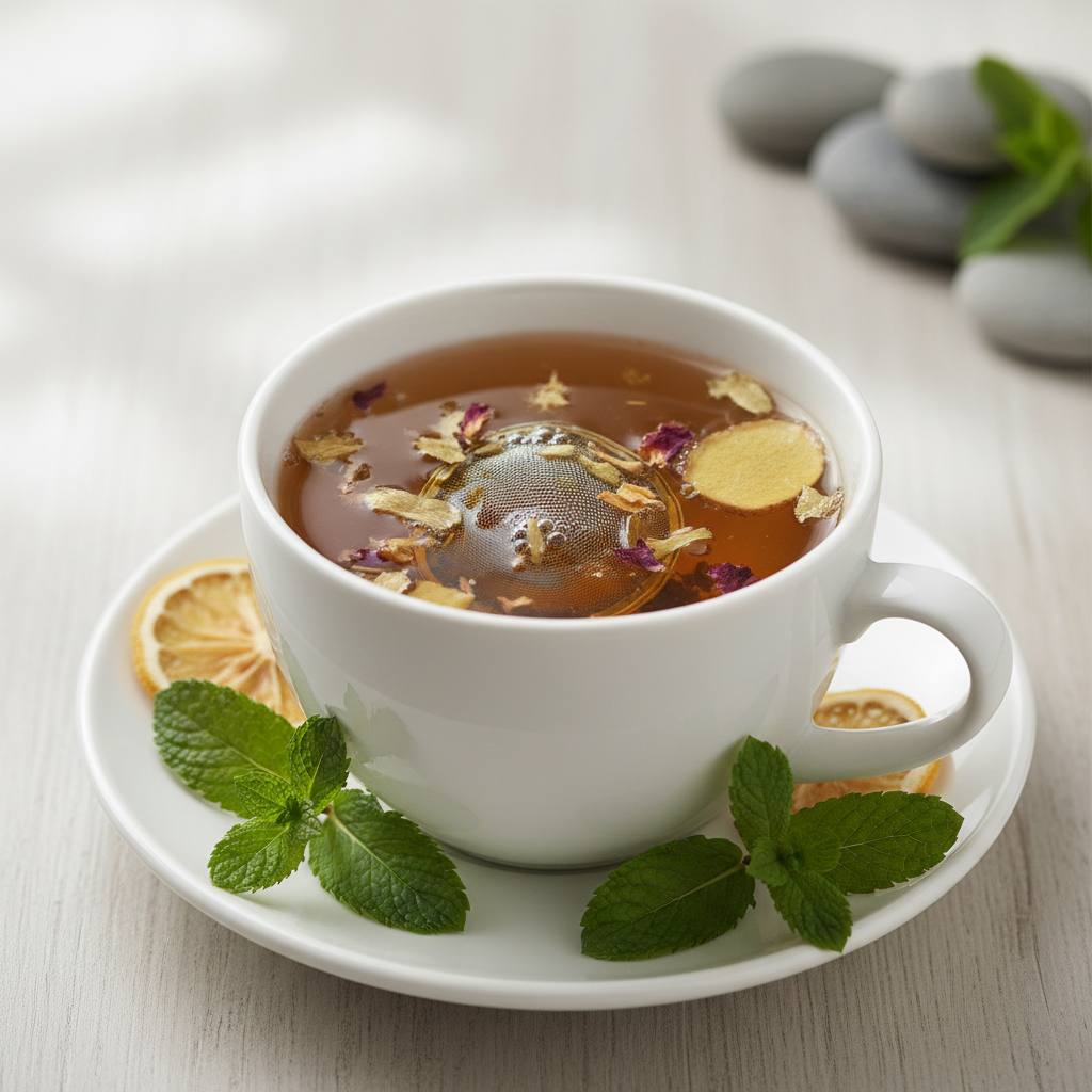 Herbal detox tea steeping in white ceramic cup